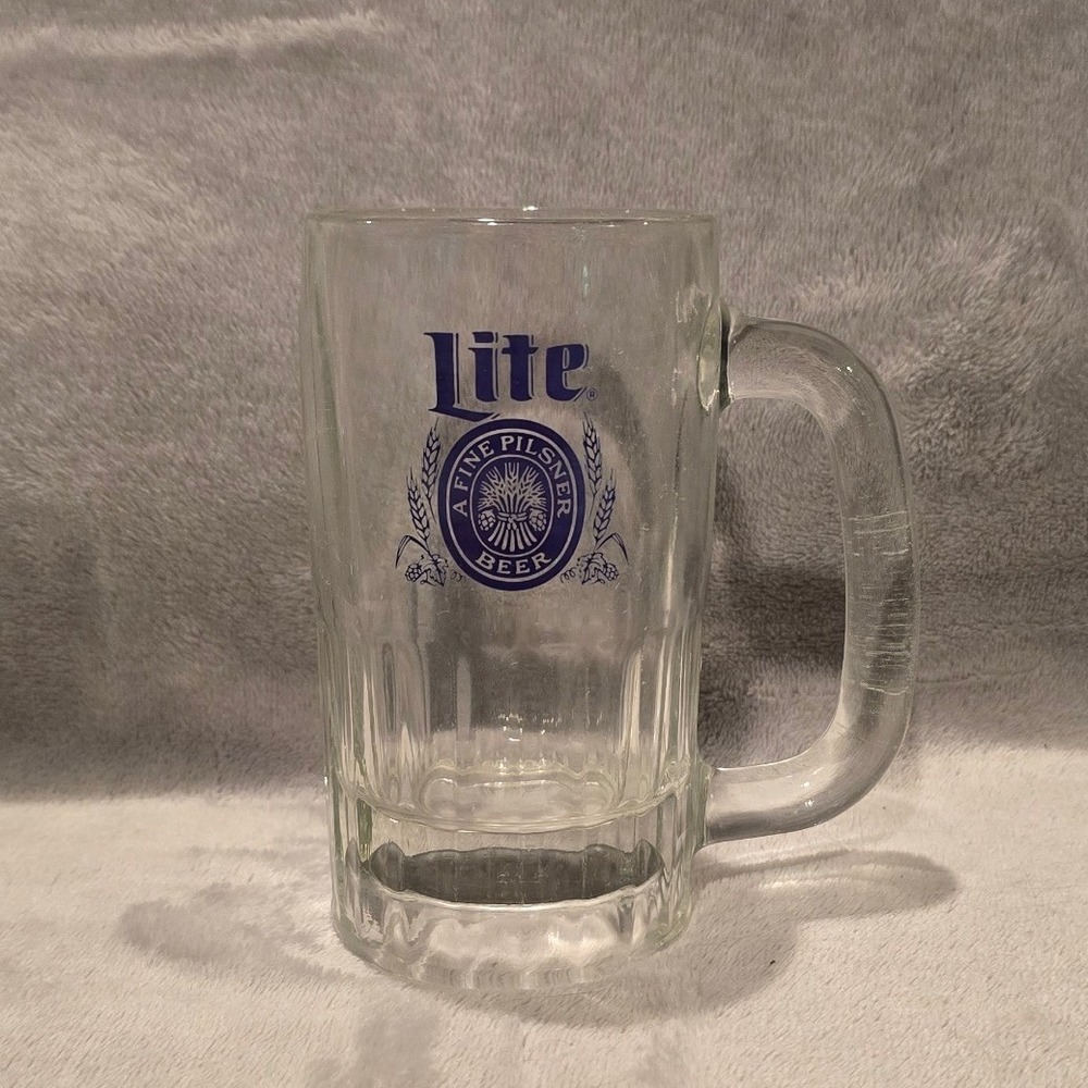 Vintage Miller Lite Beer Stein Fine Pilsner Beer Glass Mug Clear Blue Logo 5.25"